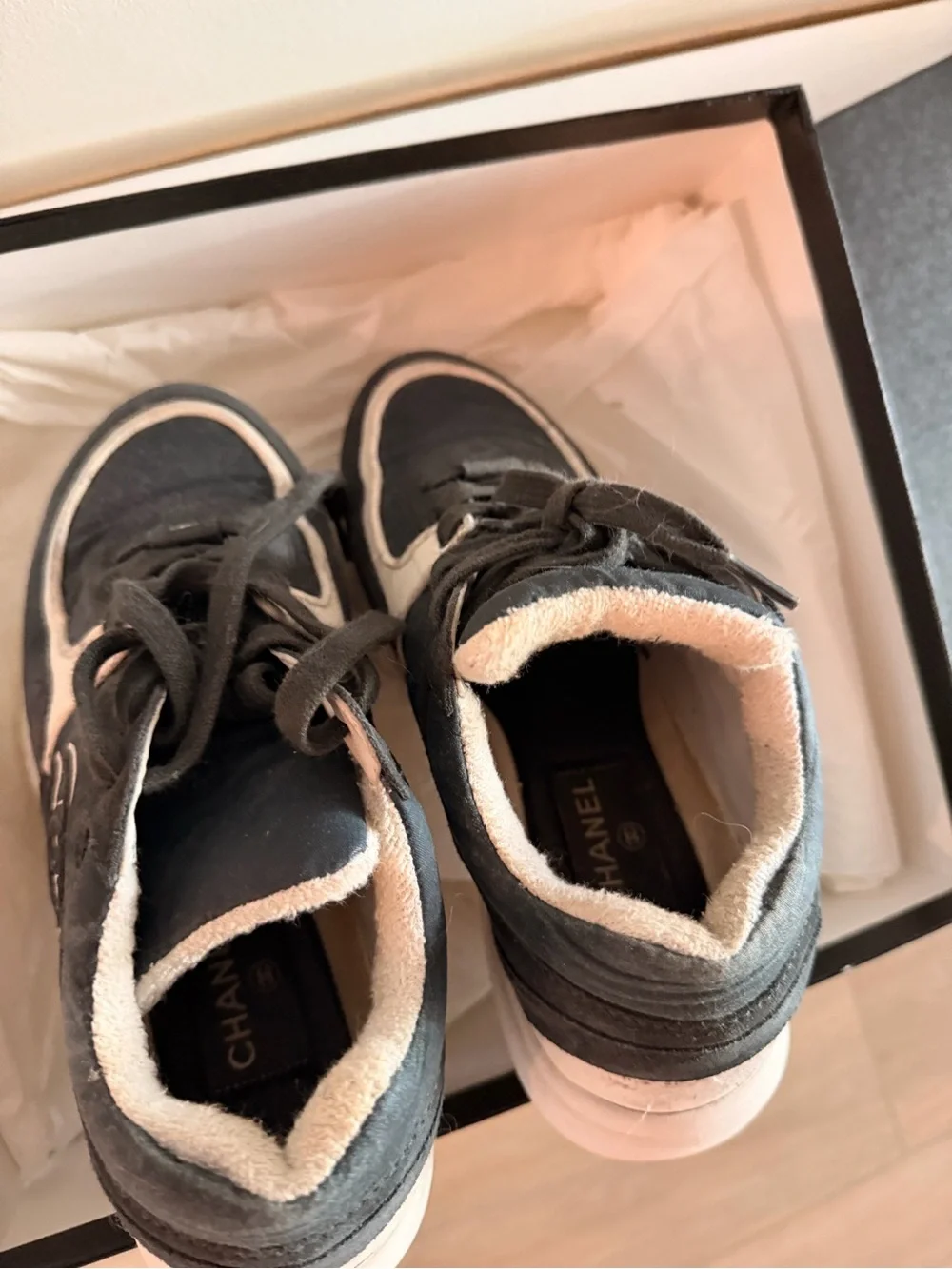 CHANEL ash blue  and White CC Emblem Chunky Sneakers